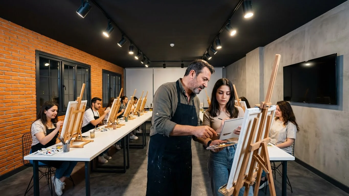 İlk resim seti nasıl seçilir sorusuna atölye ortamında yanıt bulan yetişkin öğrenci.