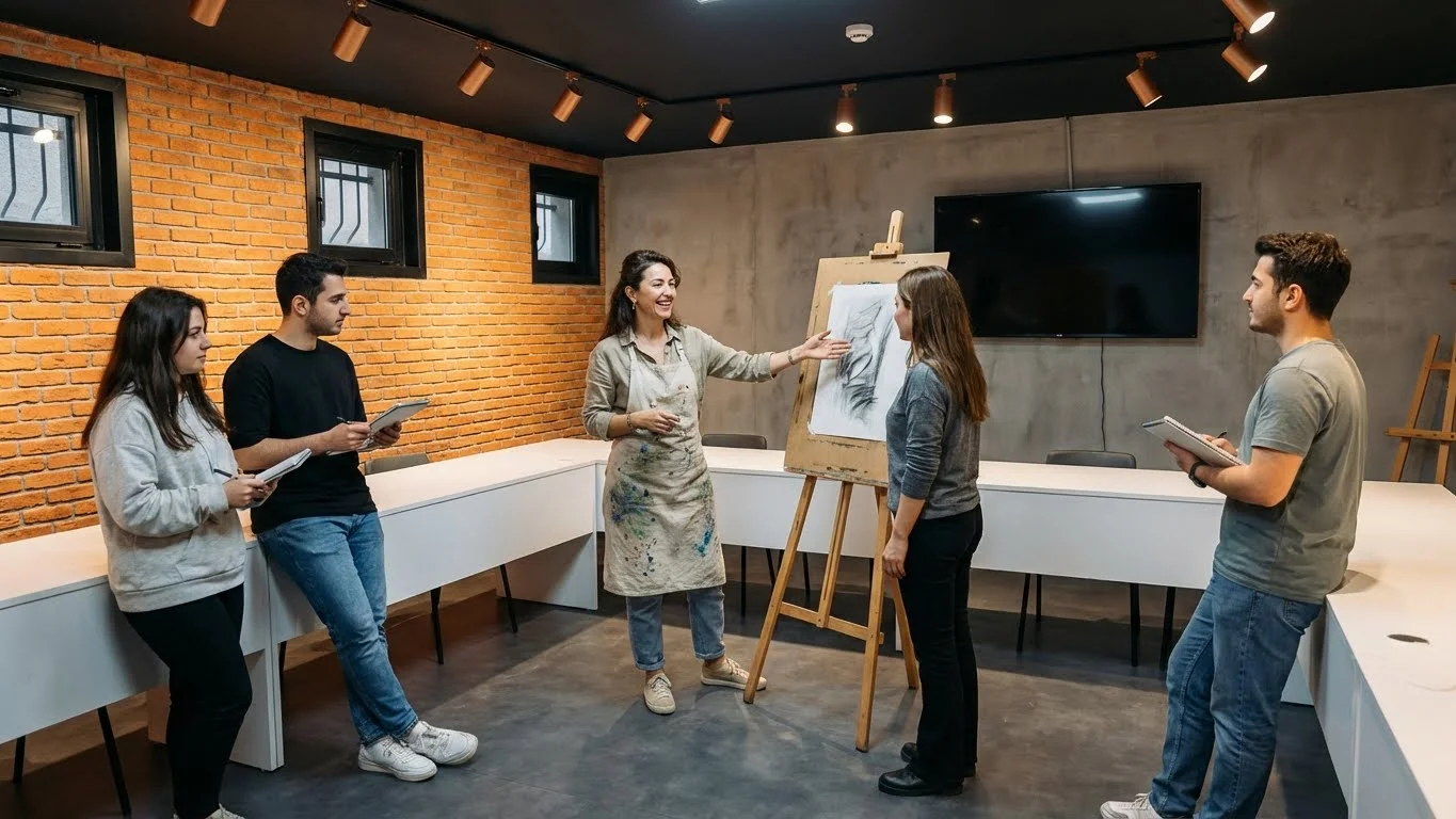 Resim kursunda uzman eğitmen eşliğinde günlük çizim alışkanlığı kazanan öğrenciler.