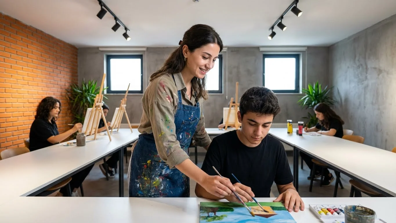 Resim kursu atölyesinde yağlı boya eğitimi veren genç eğitmen.