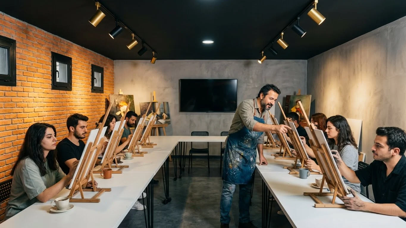 İstanbul resim kursları atölye ortamında hobi resim eğitimi alan öğrenciler.