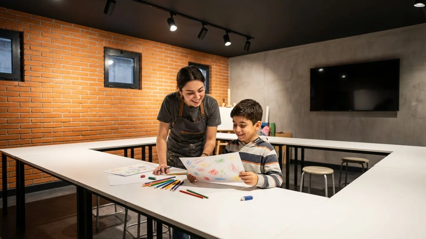 Hafta sonu çocuk resim kursunda genç öğretmen ve mutlu çocuk