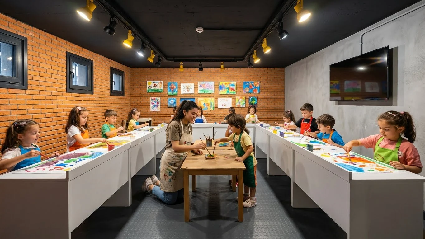 Resim kursuna kimler katılabilir sorusuna en neşeli yanıt: Çocukların hayal gücünü profesyonel tekniklerle geliştiren sıcak bir sanat atölyesi ortamı.