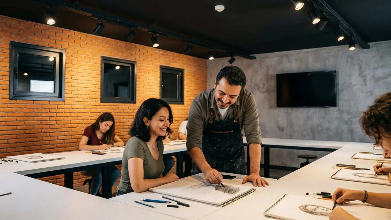 Karakalem portre çizimi teknikleri ve hobi resim kursu atölye ortamı.