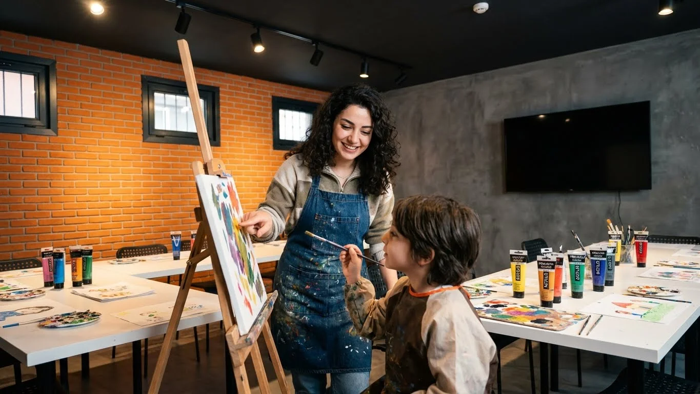 Çocuk resim kursu fiyatları araştırması yapan veliler için modern ve sıcak sanat atölyesi ortamı.