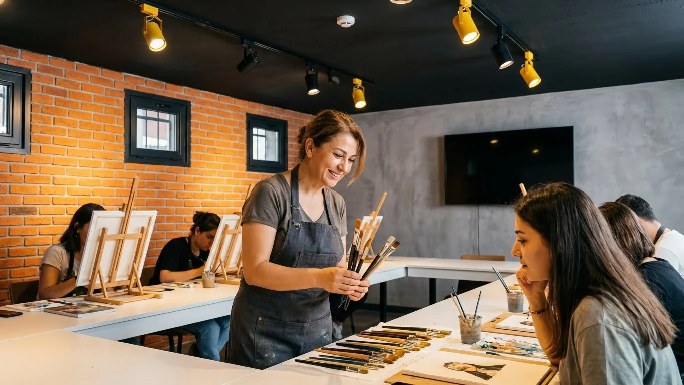 Atölye ortamında farklı fırça formlarıyla teknik uygulama yapan öğrenci.