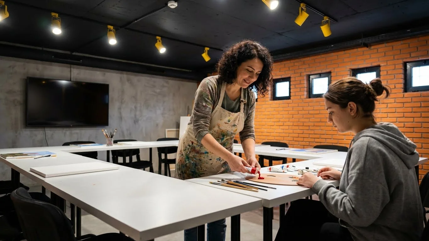 Resim kursunda uzman öğretmen ile verimli malzeme kullanımı dersi.